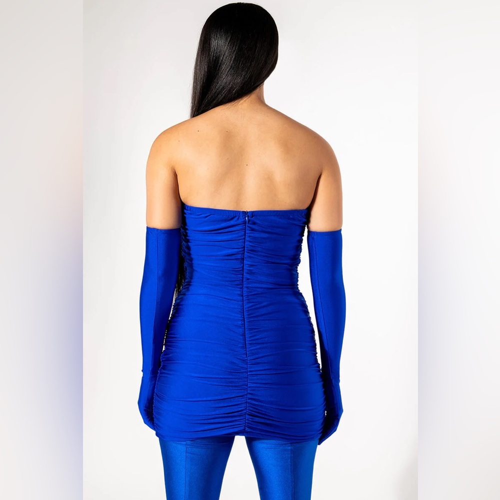 NWT. AKIRA Star Stretch Ruched Strapless Mini Dress in Blue. - Picture 7 of 7
